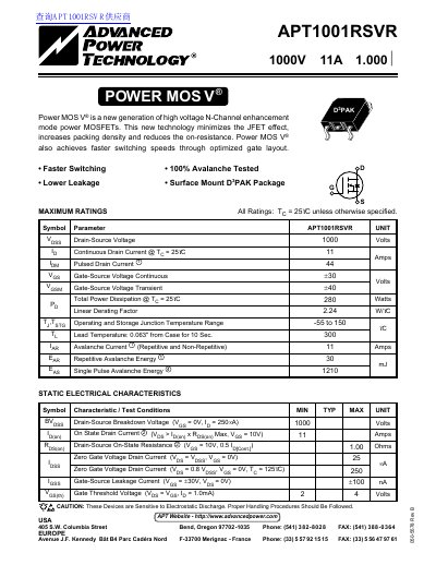 Advanced Power Technology APT1001RSVR Power MOSFET Datasheet - cover page