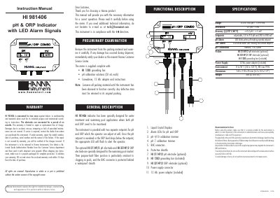 Hanna Instruments HI 981406 pH & ORP Indicator Instruction Manual - cover page