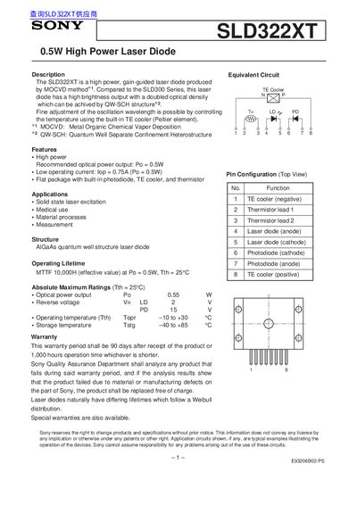 Sony SLD322XT 0.5W High Power Laser Diode Handbook - cover page