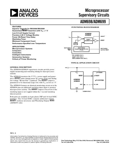 Analog Devices ADM698/ADM699 Supervisory Circuit Datasheet - cover page