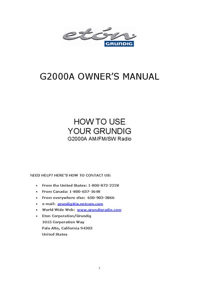 Grundig G2000A AM/FM/SW Radio Owner's Manual - cover page