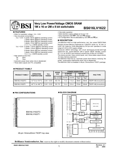 Brilliance Semiconductor BS616LV1622 SRAM Datasheet - cover page