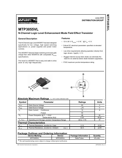 Fairchild MTP3055VL N-Channel Logic Level Enhancement Mode MOSFET Datasheet - cover page