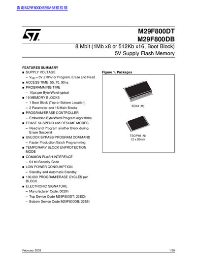 STMicroelectronics M29F800DB Flash Memory Datasheet