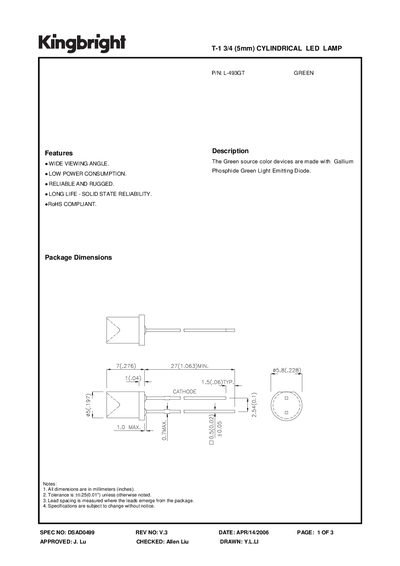 Kingbright L-493GT T-1 3/4 Cylindrical LED Lamp Datasheet - cover page