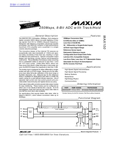 Maxim MAX100 250Msps 8-Bit ADC Datasheet - cover page