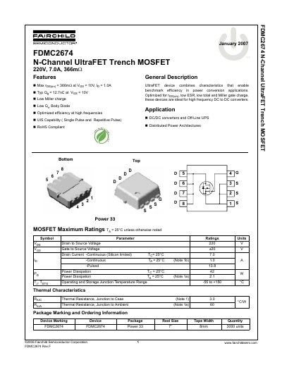 Fairchild FDMC2674 220V MOSFET Datasheet - cover page