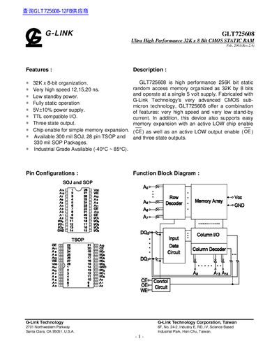 G-LINK GLT725608 32K x 8 Bit CMOS Static RAM Datasheet - cover page
