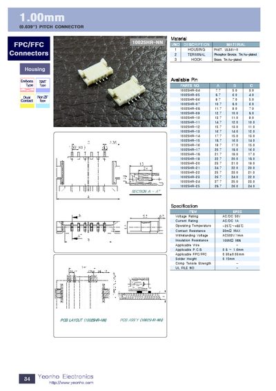 Yeonho FPC/FFC Connectors 1.00mm Datasheet - cover page