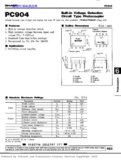 SHARP PC904 Photocoupler Datasheet - cover page