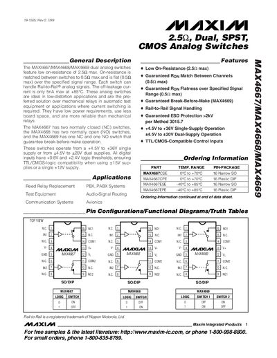 Maxim MAX4667/MAX4668/MAX4669 Dual Analog Switches Datasheet - cover page