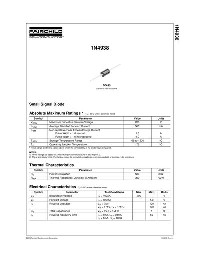 Fairchild 1N4938 Small Signal Diode Datasheet - cover page