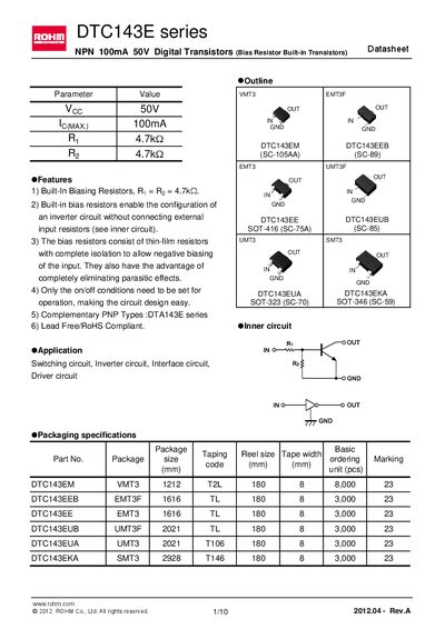 ROHM DTC143EUA Datasheet - cover page