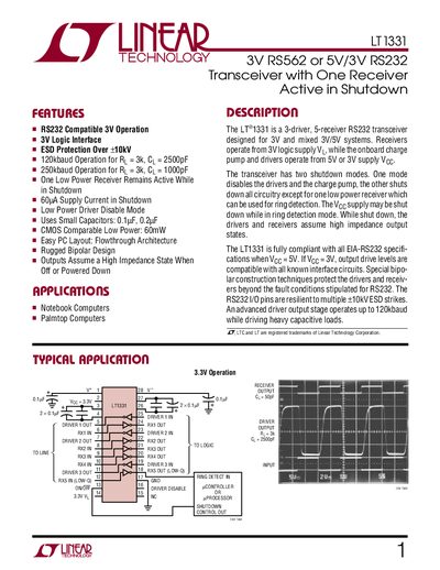 LINEAR LT 1331 3V RS562 or 5V/3V RS232 Transceiver with One Receiver Active in Shutdown handbook - cover page