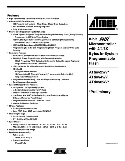 ATMEL - Features High Performance Low Power AVR 8-Bit Microcontroller Advanced RISC Architecture 120 - cover page