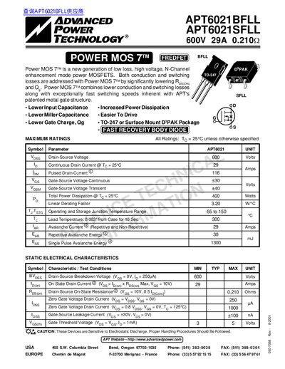 Advanced Power Technology APT6021BFLL / APT6021SFLL Datasheet - cover page