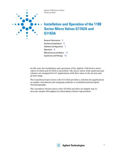 Agilent 1100 Series Micro Valves - Installation Operation Manual - cover page