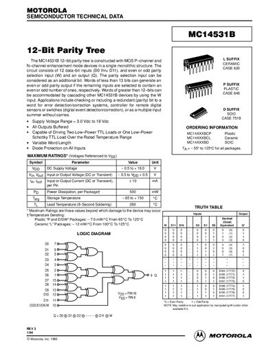 Motorola MC14531B 12‑bit Parity Tree Datasheet - cover page