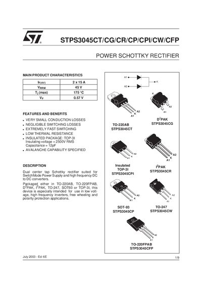 STMicroelectronics STPS3045CT/CG/CR/CP/CPI/CW/CFP Power Schottky Rectifier Datasheet - cover page