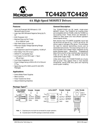 Microchip TC4420/TC4429 MOSFET Driver Datasheet - cover page