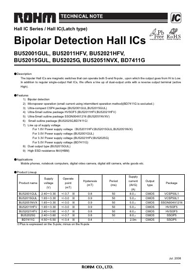 ROHM BU52001GUL, BU52011HFV, BU52021HFV, BU52015GUL, BU52025G, BU52051NVX, BD7411G Bipolar Detection Hall ICs Datasheet
