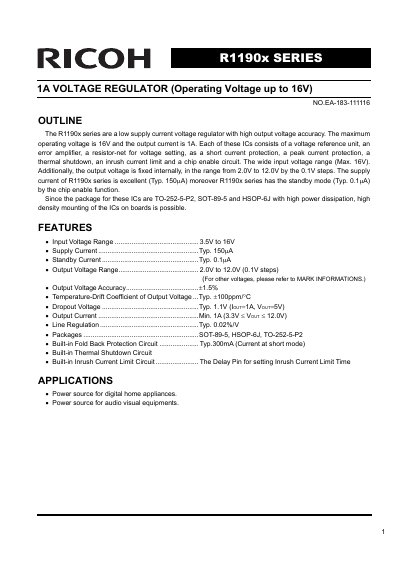 Ricoh R1190x Series 1A Voltage Regulator Datasheet - cover page