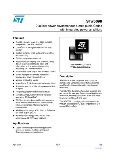 STMicroelectronics STw5098 Dual Low Power Asynchronous Stereo Audio Codec Manual - cover page
