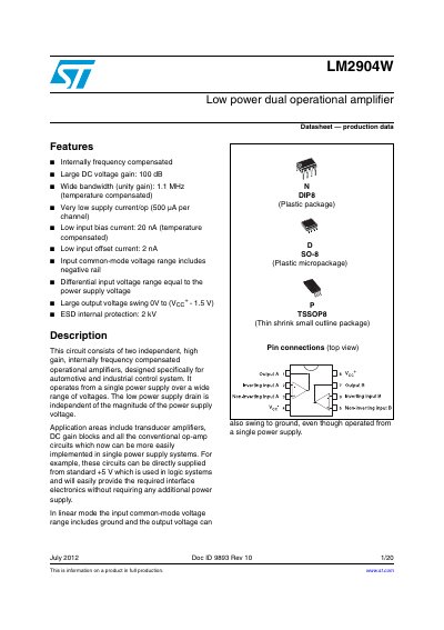 STMicroelectronics LM2904W Low Power Dual Operational Amplifier Datasheet