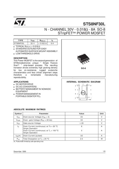 STMicroelectronics STS8NF30L N-Channel MOSFET Datasheet - cover page