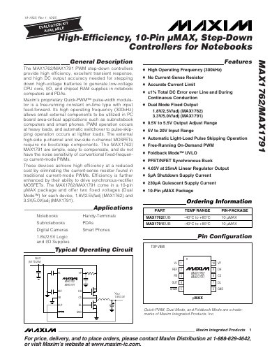 Maxim MAX1762/MAX1791 PWM Step-Down Controller Datasheet - cover page