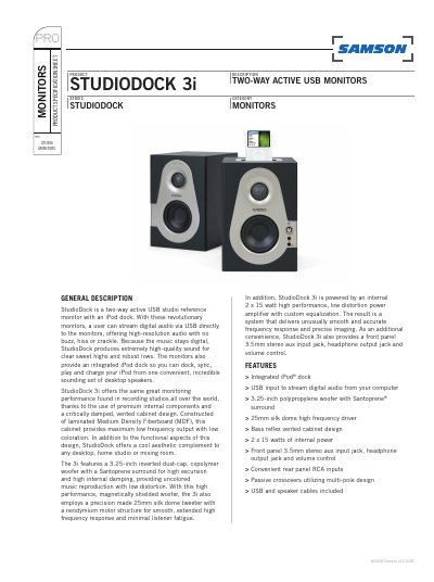 Samson StudioDock 3i Product Specification Sheet - cover page