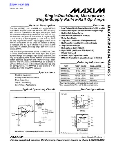 Maxim MAX492/MAX494/MAX495 Single/Dual/Quad Op Amps Datasheet - cover page