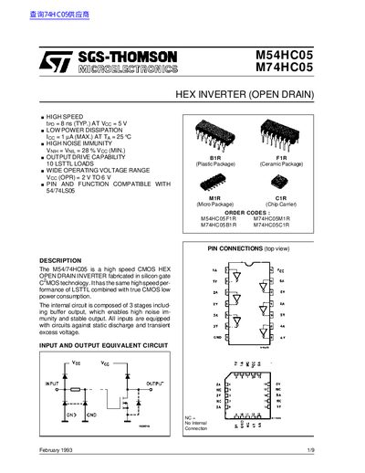 SGS-THOMSON M54HC05/M74HC05 Hex Inverter (Open Drain) Datasheet - cover page