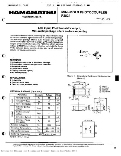 Hamamatsu P2824 Mini-Mold Photocoupler Technical Data Sheet - cover page