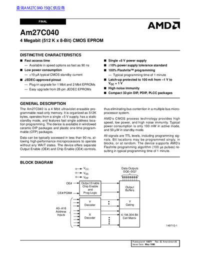 AMD Am27C040 4 Megabit (512 K x 8-Bit) CMOS EPROM - cover page