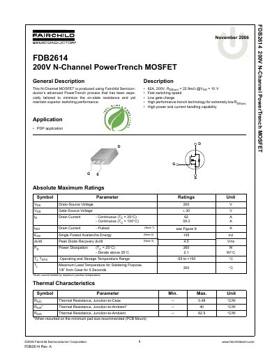 Fairchild FDB2614 200V N-Channel PowerTrench MOSFET Datasheet - cover page