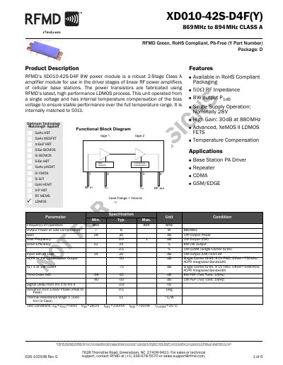 RFMD XD010-42S-D4F(Y) 8W Class A Power Module Datasheet
