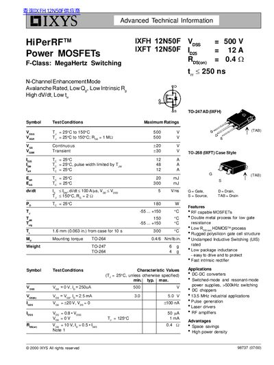 IXYS IXFH/IXFT 12N50F Power MOSFET Datasheet - cover page
