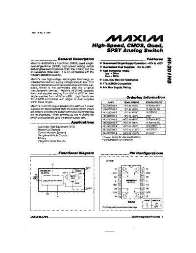 Maxim HI-201HS Quad SPST Analog Switch Datasheet - cover page