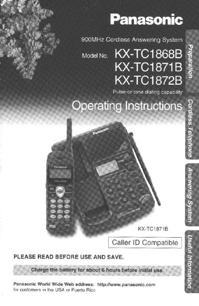 Panasonic KX-TC1868B/KX-TC1871B/KX-TC1872B Cordless Telephone User Manual