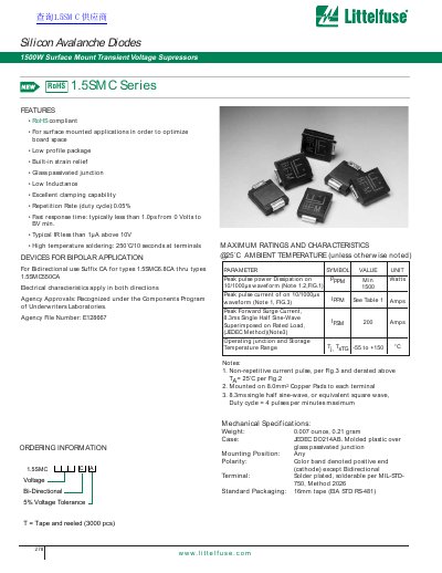 Littelfuse 1.5SMC Series Surface Mount Transient Voltage Supressors Datasheet - cover page