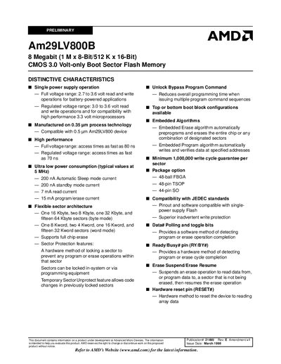 AMD Am29LV800B CMOS 3.0 Volt‑only Boot Sector Flash Memory Datasheet - cover page