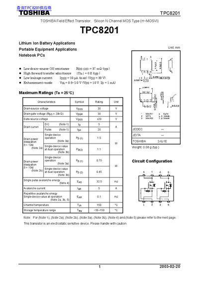 Toshiba TPC8201 MOSFET Datasheet - cover page
