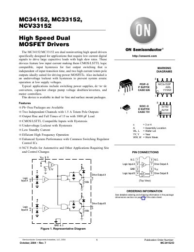 ON Semiconductor MC34152, MC33152, NCV33152 High Speed Dual MOSFET Driver Datasheet - cover page