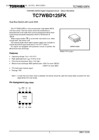 Toshiba TC7WBD125FK Dual Bus Switch with Level Shift Datasheet - cover page