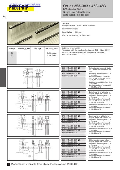 PRECI-DIP Series 353 383 453 483 PCB Header Strips Single row double row Wire-wrap solder tail Data Sheet - cover page