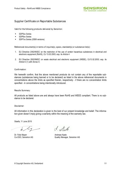 Sensirion SDP5xx/SDP6xx/SDP7xx Series RoHS & WEEE Compliance Certificate - cover page