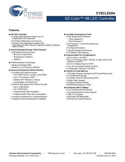 Cypress CY8CLED04 EZ-Color HB LED Controller Datasheet - cover page