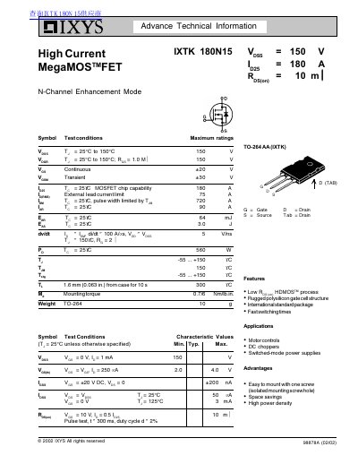 IXYS IXTK180N15 MOSFET N-Channel Enhancement Mode Datasheet - cover page