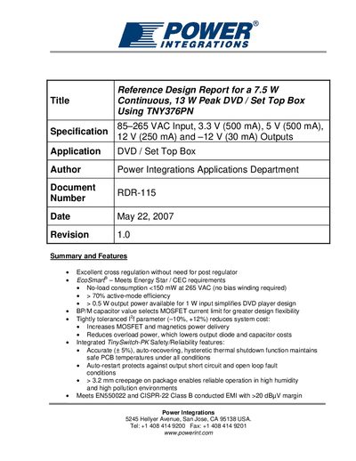Power Integrations TNY376PN Reference Design Report for 7.5 W Continuous / 13 W Peak DVD Set‑Top Box - cover page